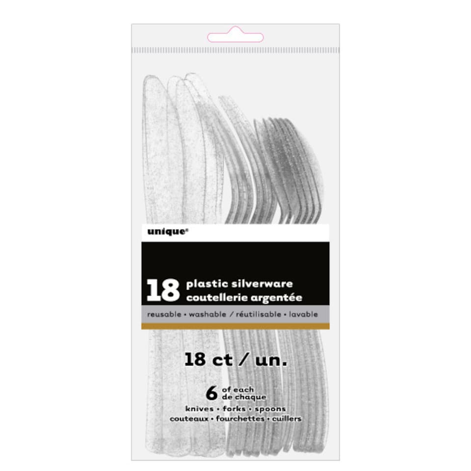 image 1 of Silver Glitter Premium Quality Reusable Assorted Cutlery - Pack of 18