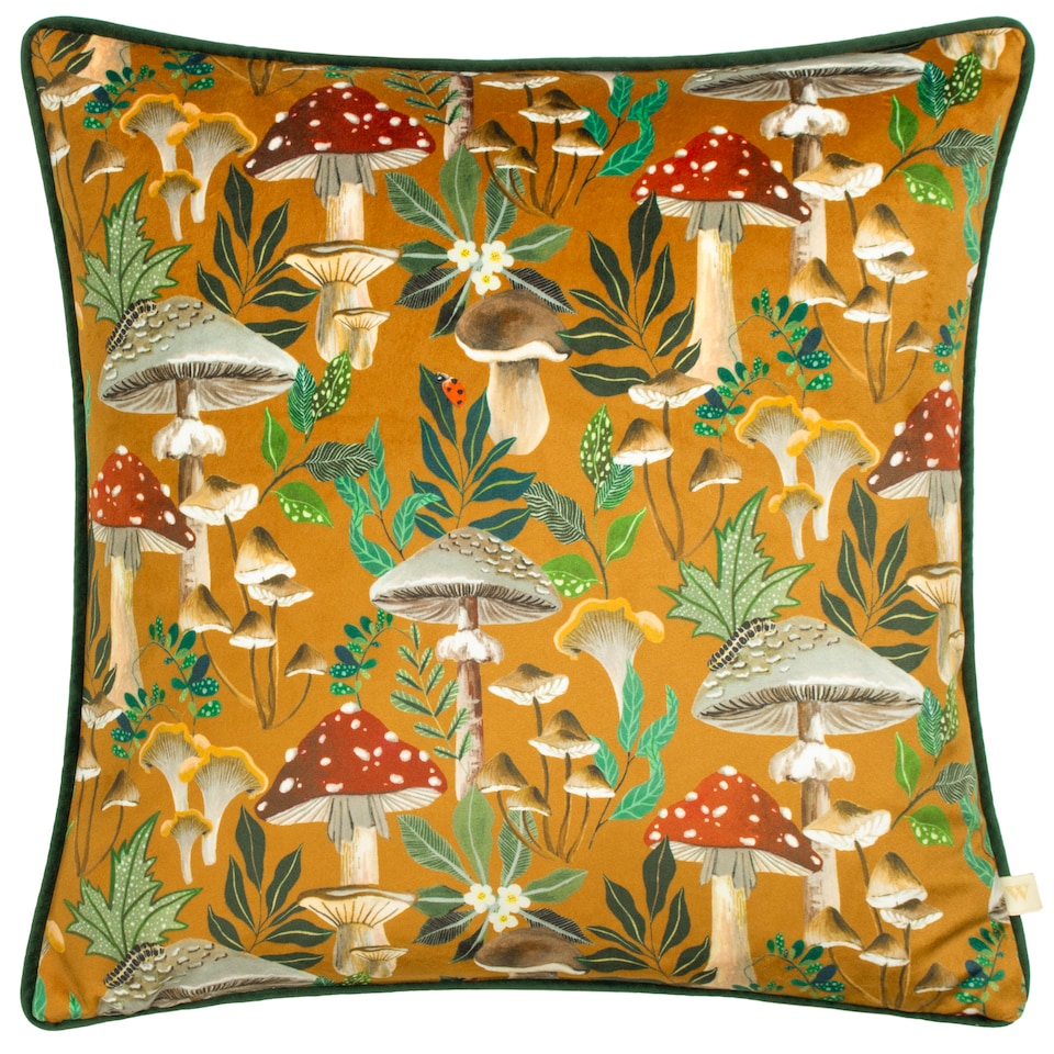 image 1 of Wylder Wild Gardens Mushroom Repeat Velvet Piped Cushion, Multicolour, 43 x 43cm