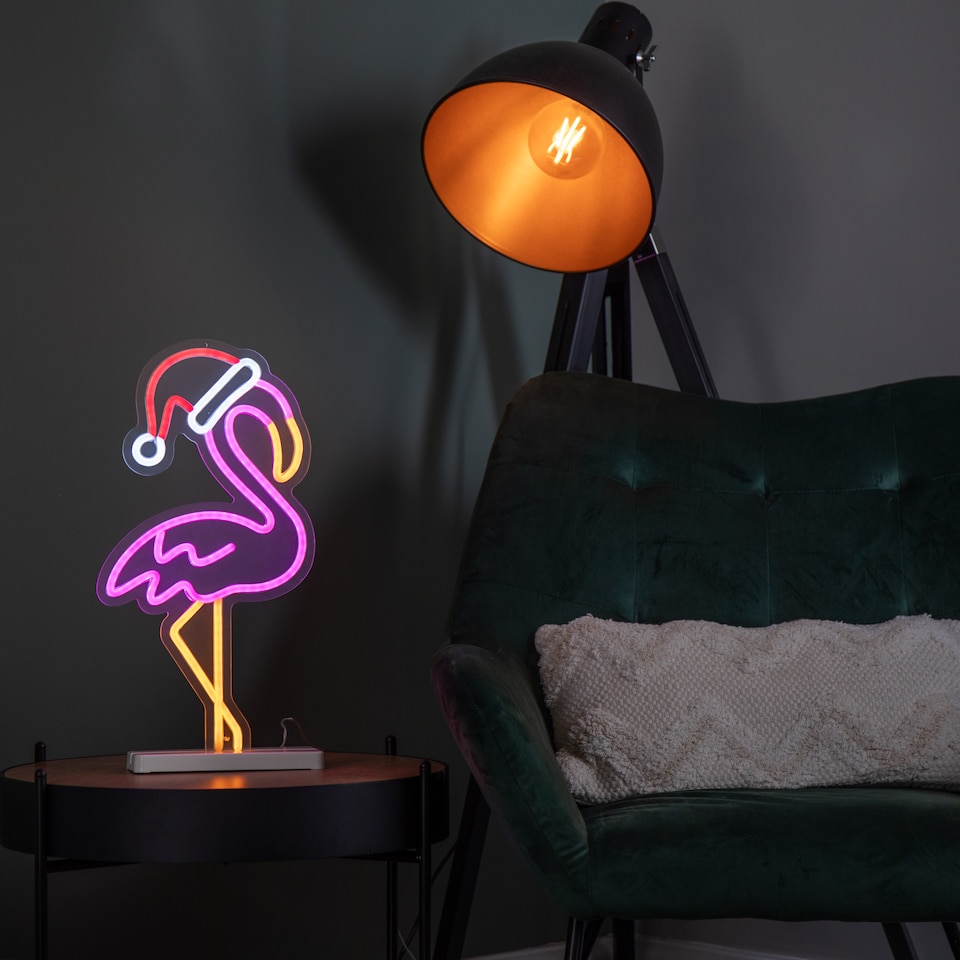 image 1 of 43cm Light up Neon Effect Flamingo with Santa Hat on Base with Multi-Coloured LEDs