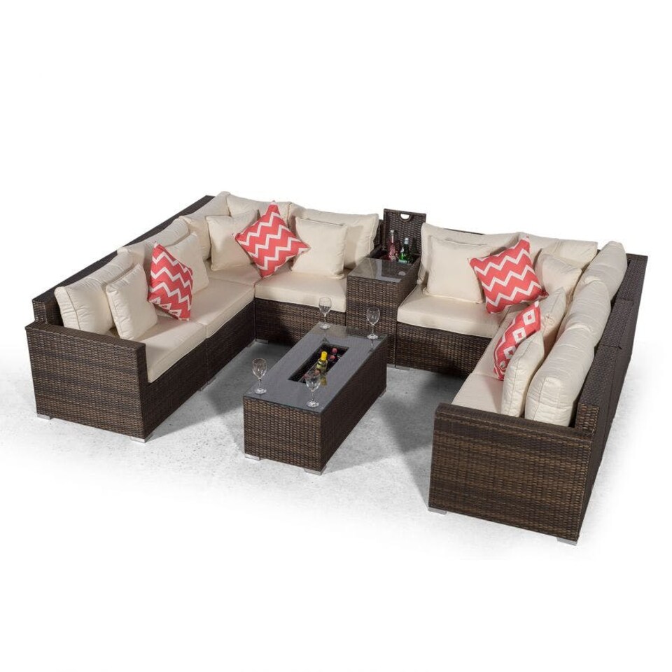 image 1 of Havana 8 Seat Rattan Sofa Set with Armrest and Ice Bucket Coffee Table | Brown | Brown