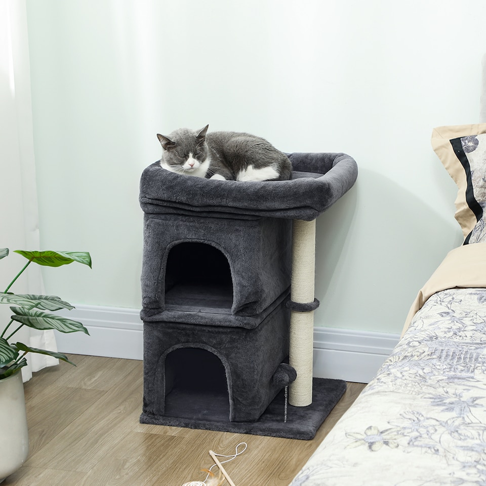 image 1 of PawHut 66cm Small Cat Tree for Large Adult Kittens Up to 7 KG, Cat Tower with Large Top Perch, 2 Condos, Sisal Scratching Post, Toy Ball, for Climbing, Relaxing, Playing, Dark Grey