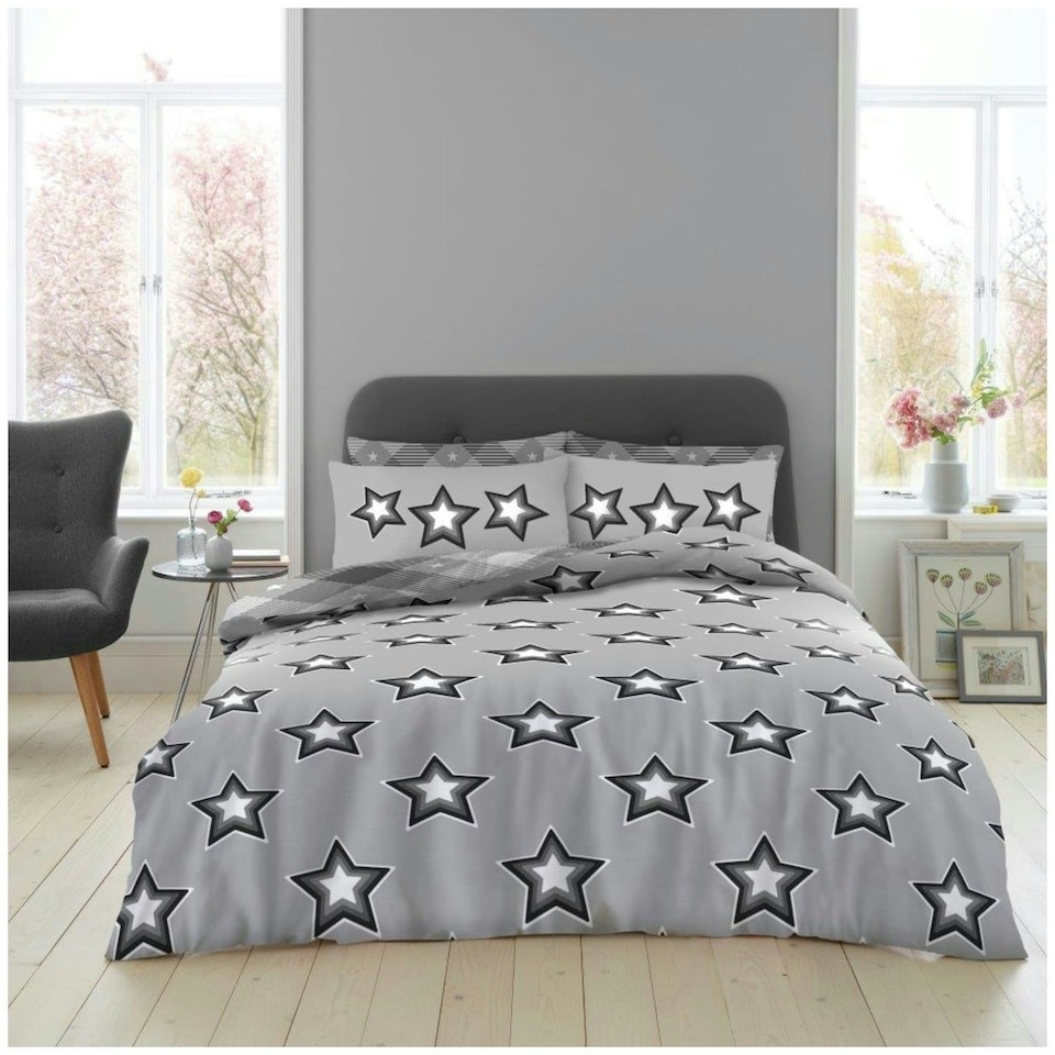 image 1 of VELVETIO Sammy Complete Duvet Cover Set with Fitted Sheet Printed Bedding Quilt Grey | King