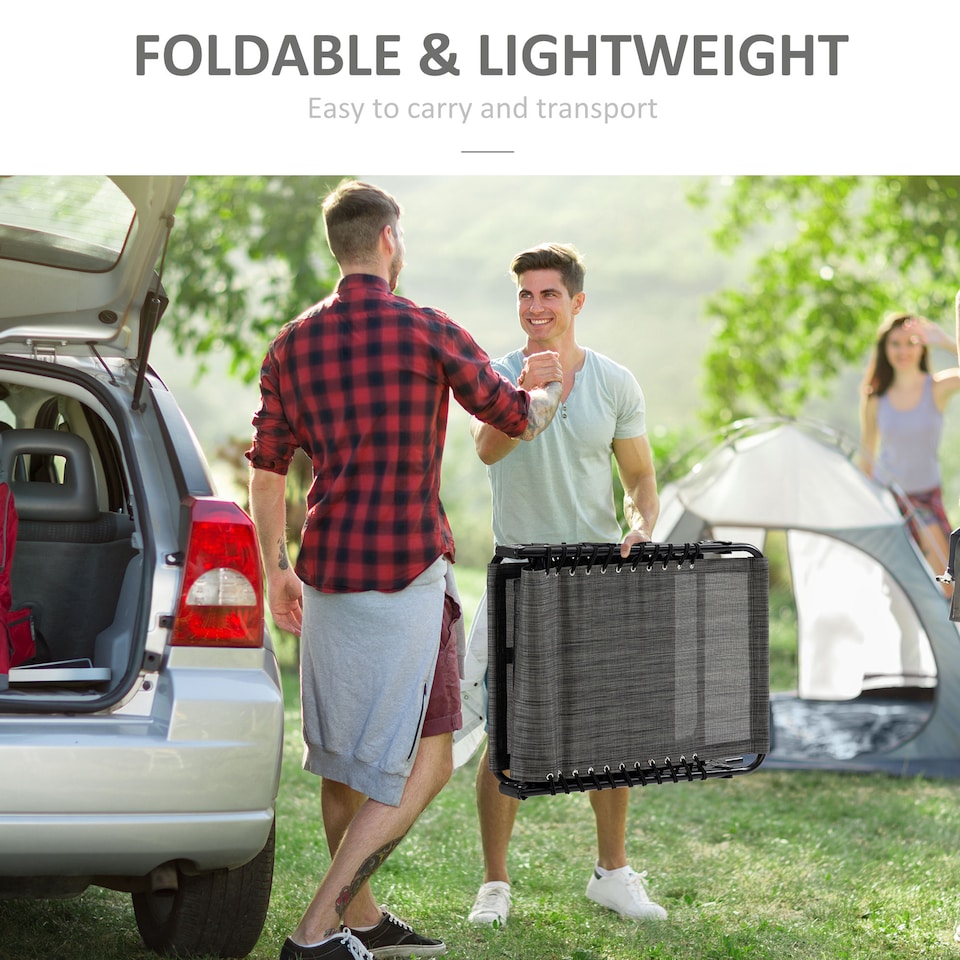 image 1 of Outsunny Portable Sun Lounger, Folding Camping Bed Cot, Reclining Lounge Chair 5-position Adjustable Backrest with Side Pocket, Pillow for Patio Garden Beach Pool | Grey