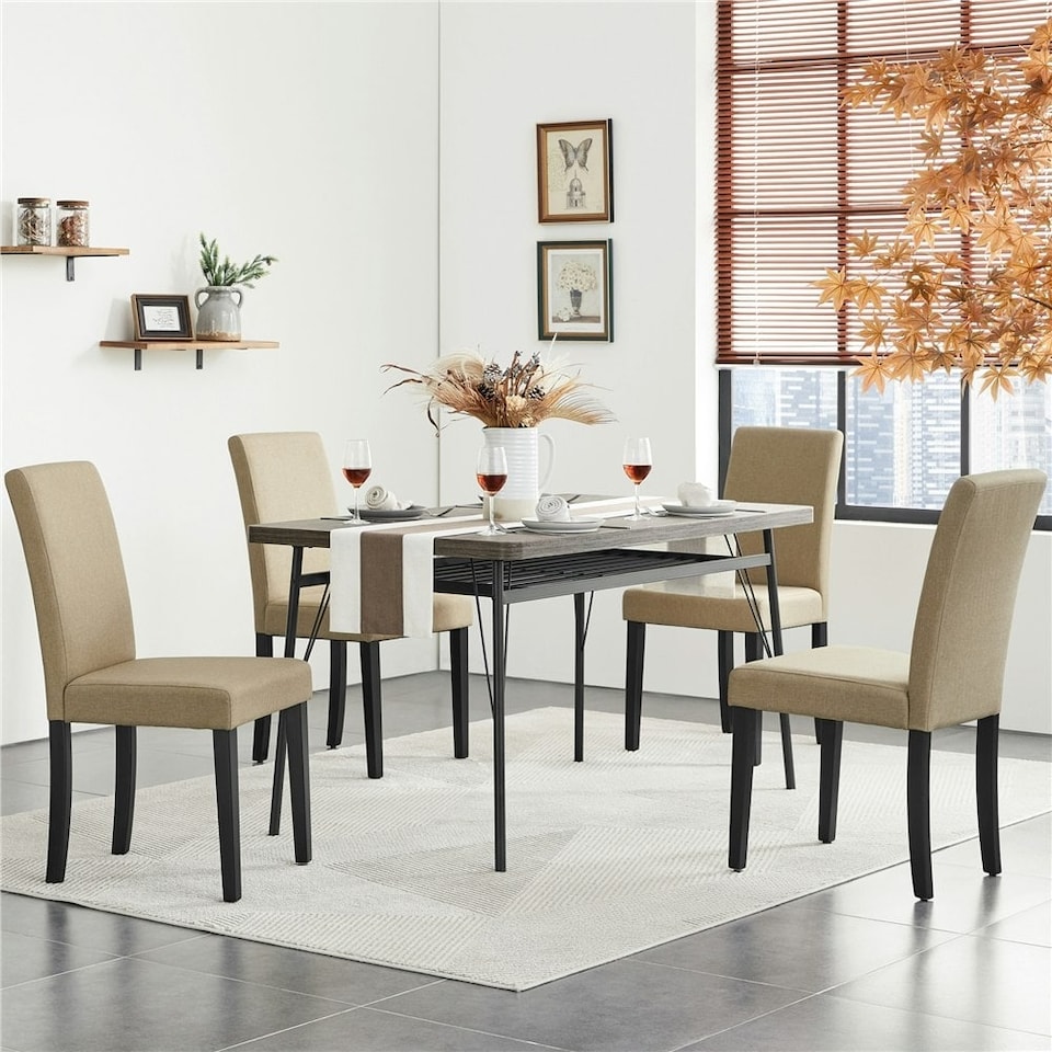 image 1 of Yaheetech Set of 4 Fabric Upholstered Dining Chairs with Solid Wood Legs | Multi | Khaki