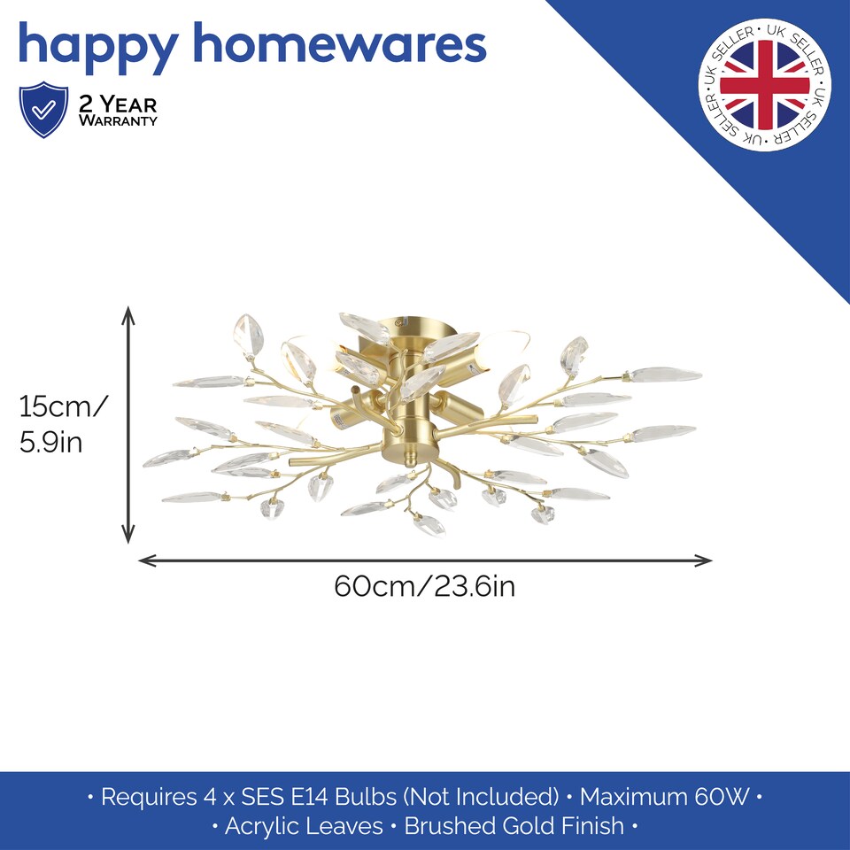 image 1 of Modern Brushed Gold Plated Branch Ceiling Light Fitting with Acrylic Leaves | Gold