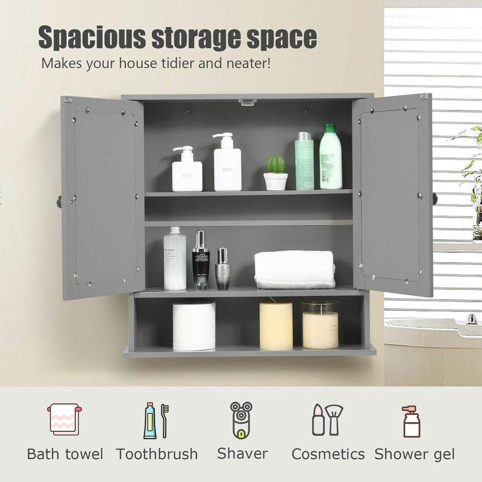 image 1 of COSTWAY Wall Mounted Bathroom Mirror Cabinet Storage Grey Grey