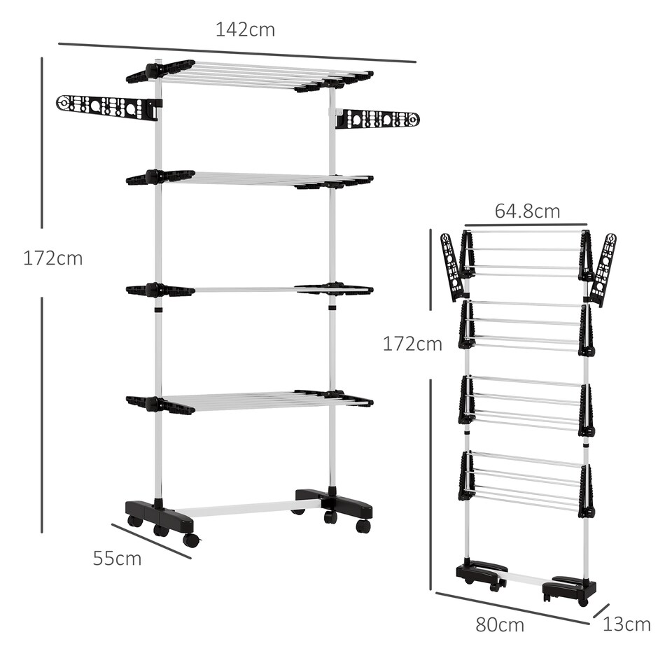 image 1 of HOMCOM 4-Tier Clothes Airer, Stainless Steel Foldable Clothes Drying Rack with Wheels and Wings, Indoor and Outdoor, Easy Assembly, 142 x 55 x 172cm, Black