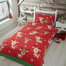 Rudolph & Friends Polycotton Kids Duvet Cover Set with Pillowcase | Red | Double | 1