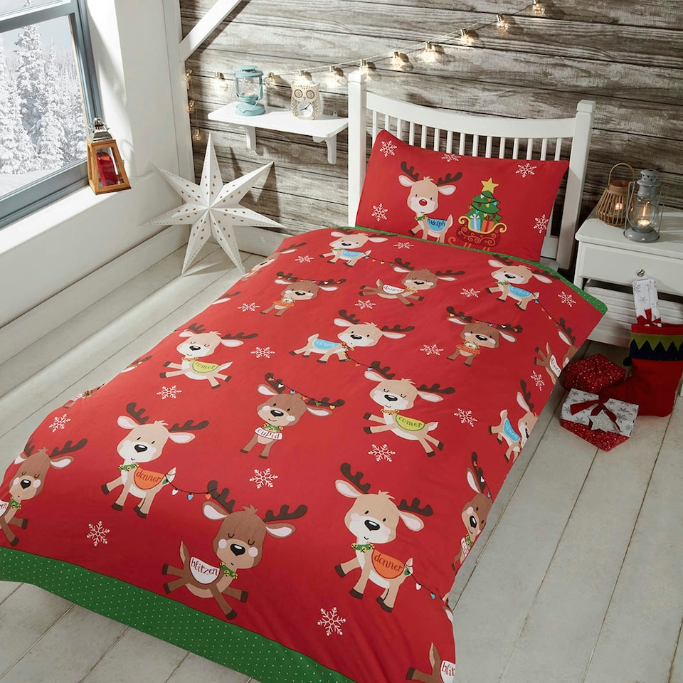 Rudolph & Friends Polycotton Kids Duvet Cover Set with Pillowcase | Red | Double | 1