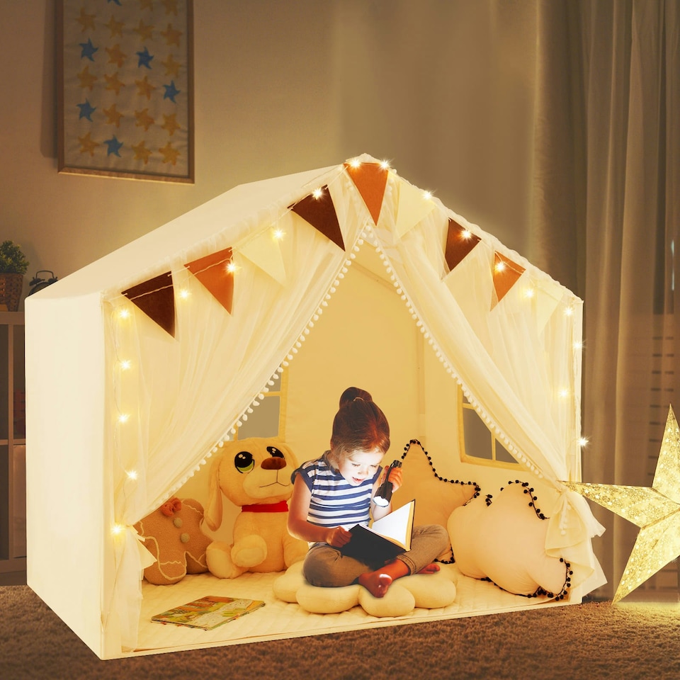 image 1 of COSTWAY Kids Play Tent 3-4 Kids Large Play Tent House Beige Cream