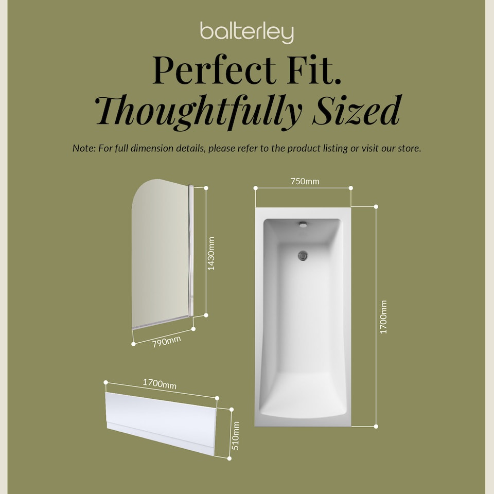 image 1 of Square 1700x750 Single Ended Bath - Panel & Chrome Round Corner Screen