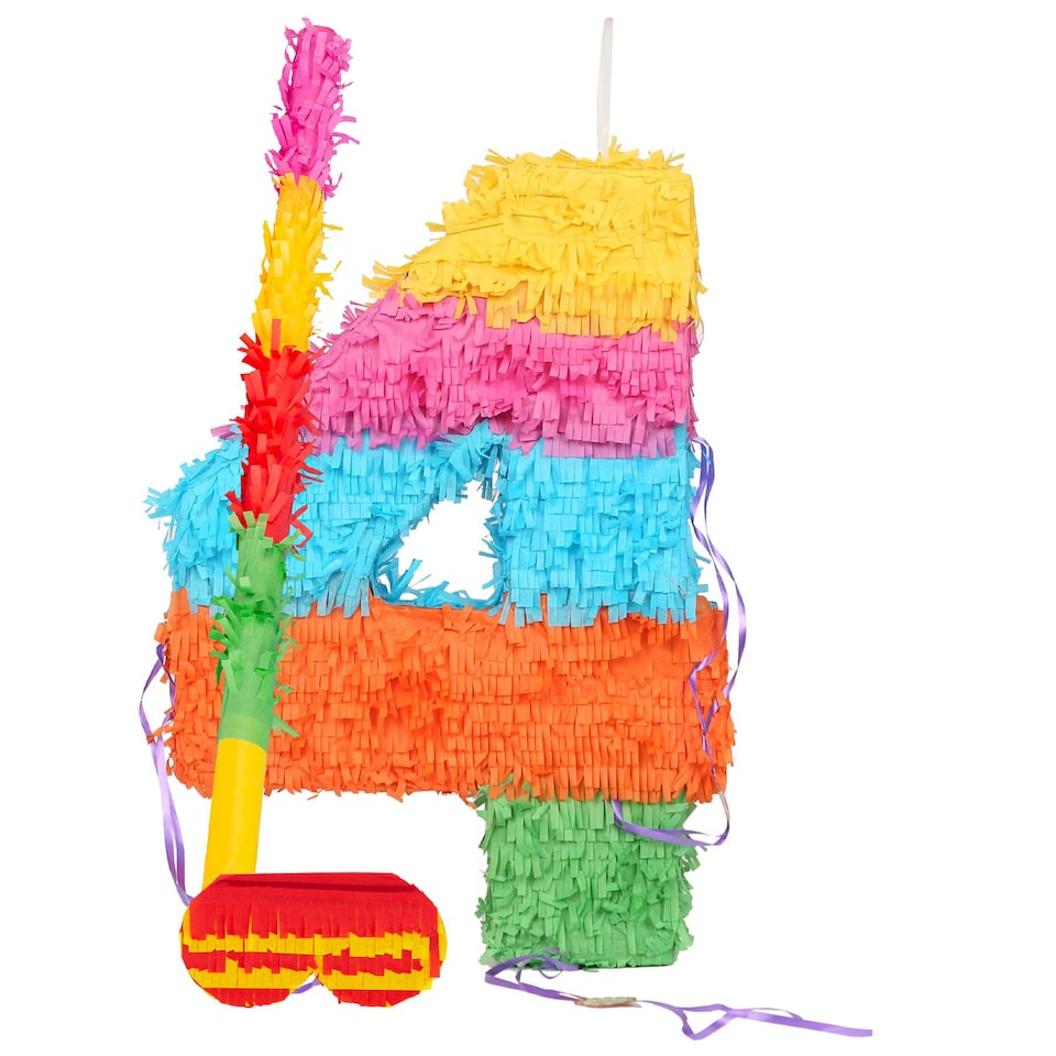image 1 of Pinatas Number 4 Cardboard Pinata, Stick and Blindfold Set - W35cm x D7.5cm x H50cm - Multi