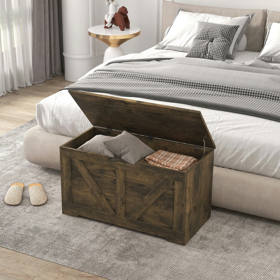 image 1 of HOMCOM Storage Trunk for Living Room, with Safety Hinges, 80cm, Rustic Brown Brown
