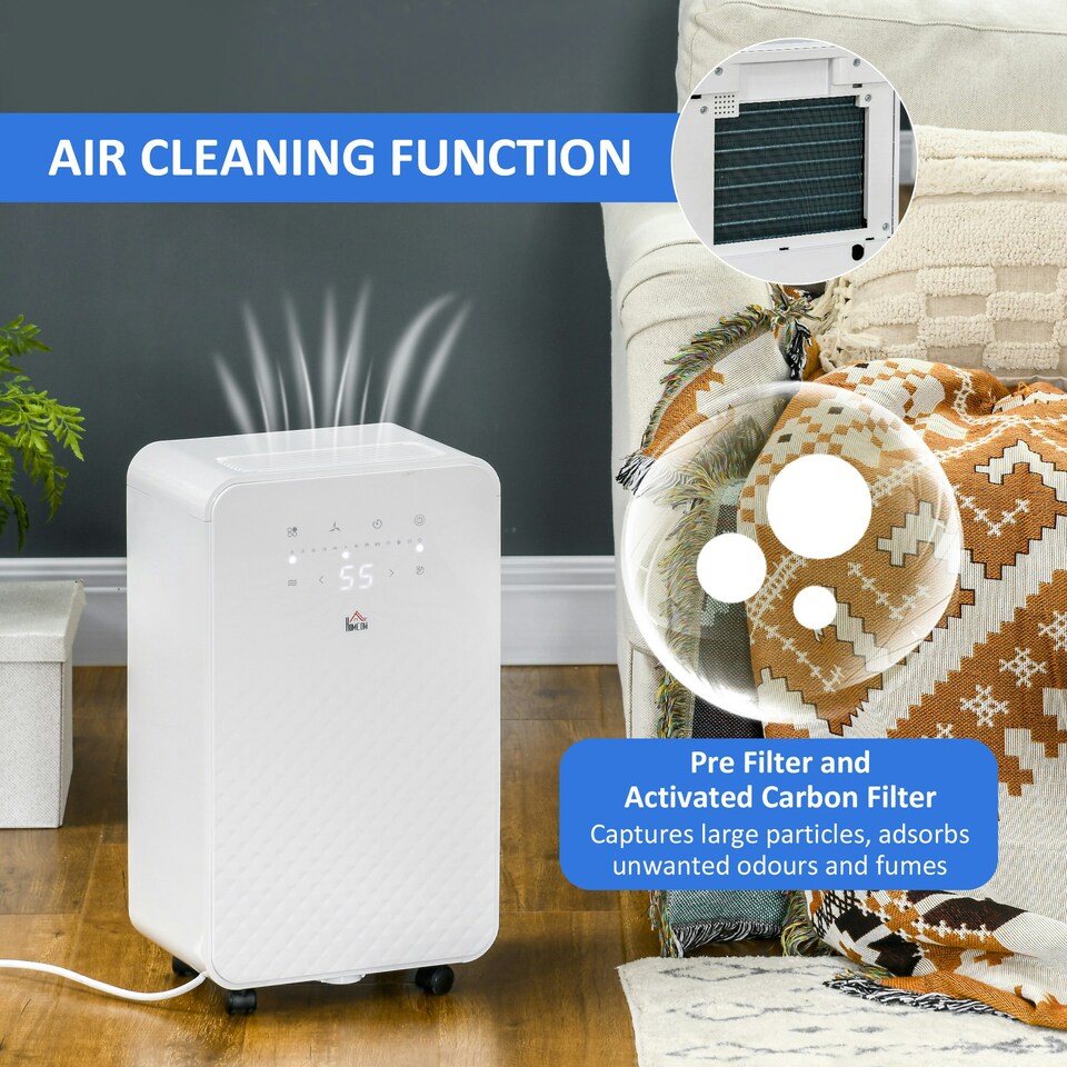 image 1 of HOMCOM 12L/Day Protable Quiet Air Dehumidifier with Purifier, Timer, 5 Modes