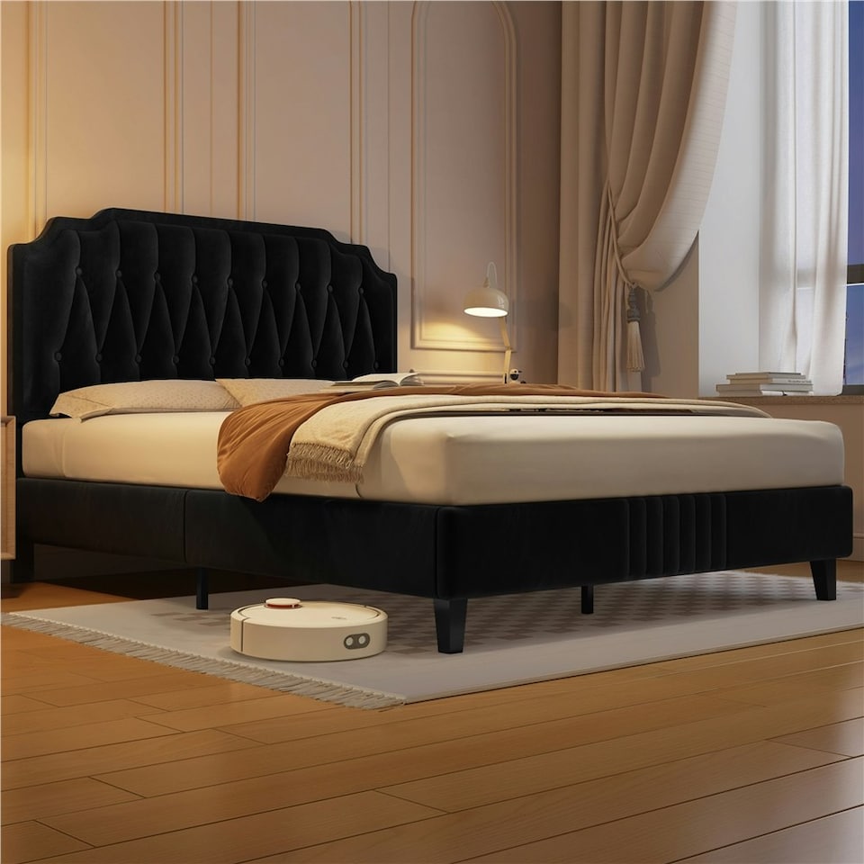 image 1 of Yaheetech 135 cm W x 190 cm L Upholstered Bed Frame with Button-Tufted Headboard Black