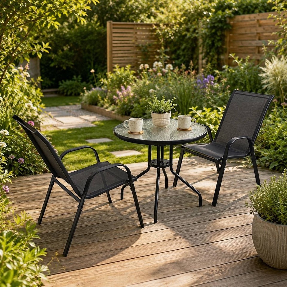 image 1 of 3 Pcs Garden Round Glass Top Table & 2 Chairs Bistro Set