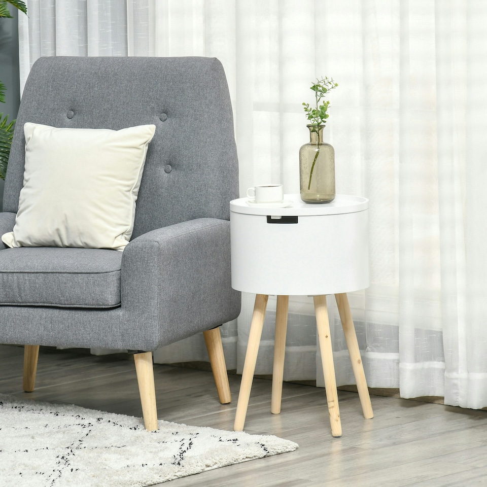 image 1 of HOMCOM Round Side Table Nightstand w/ Hidden Storage Space, Grey White