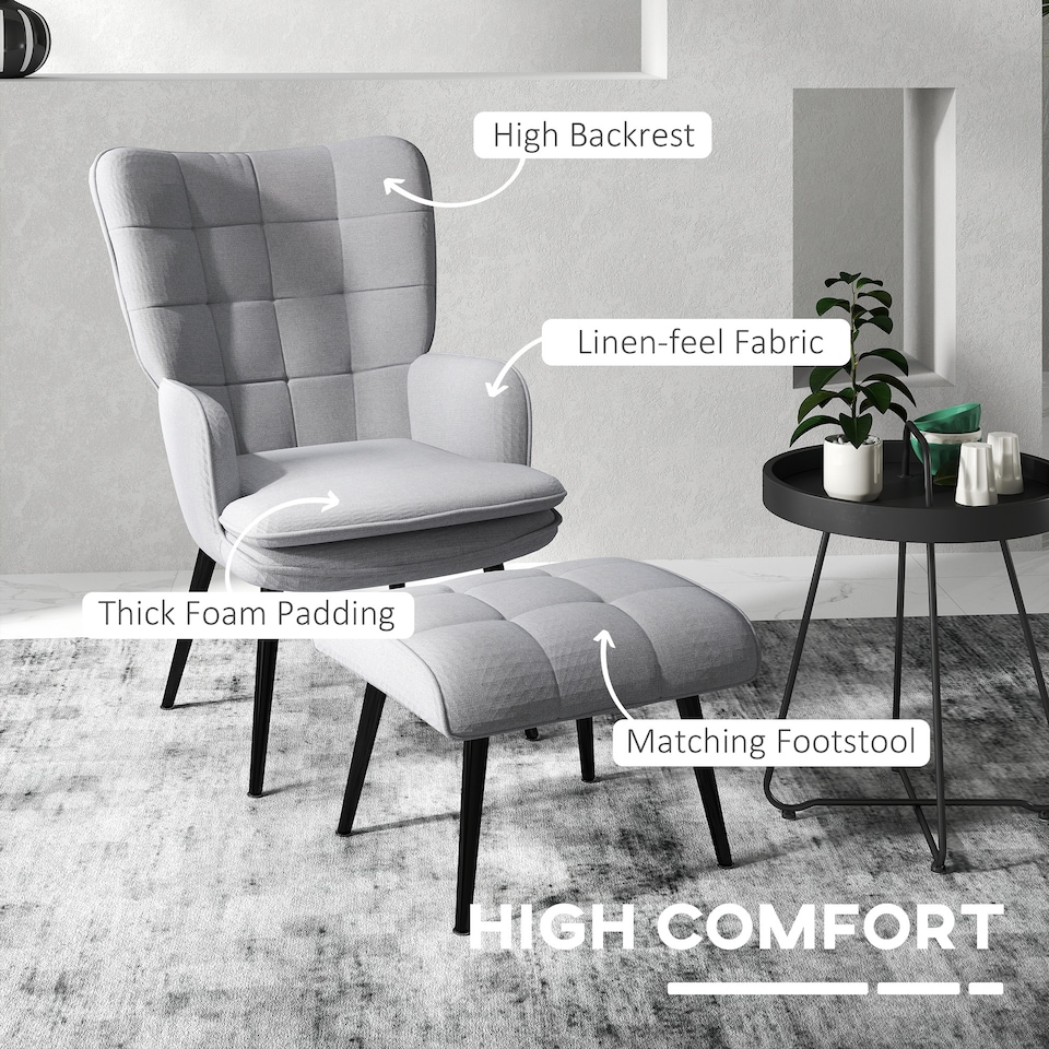 image 1 of HOMCOM Armchair with Footstool, Living Room Chair, Linen Accent Chair for Bedroom, Home Study, Light Grey