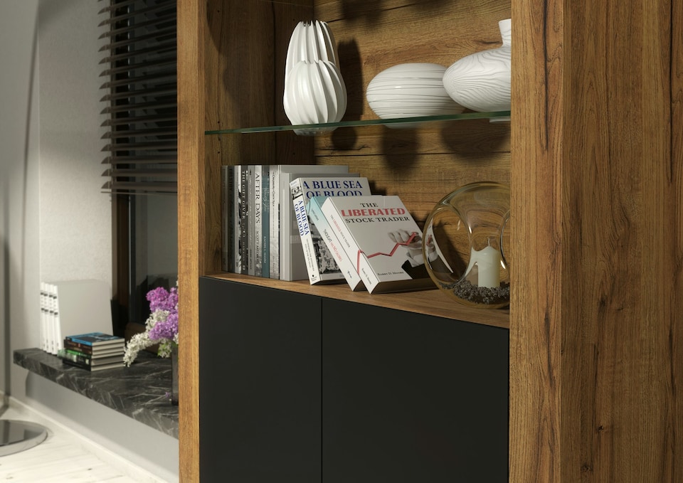 image 1 of Modern Display Cabinet with Glass Shelves | Multi | Oak & Black