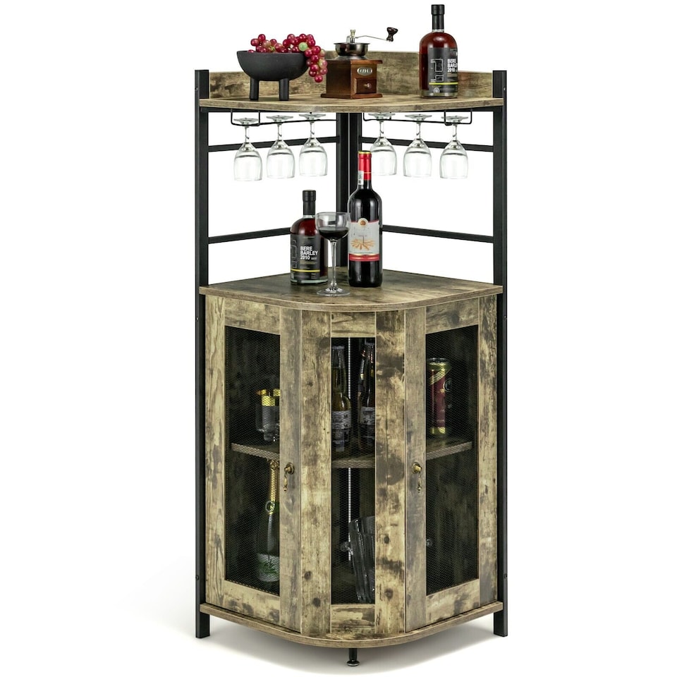 image 1 of COSTWAY Kitchen Corner Bar Cabinet Buffet Cabinet With Glass Holder