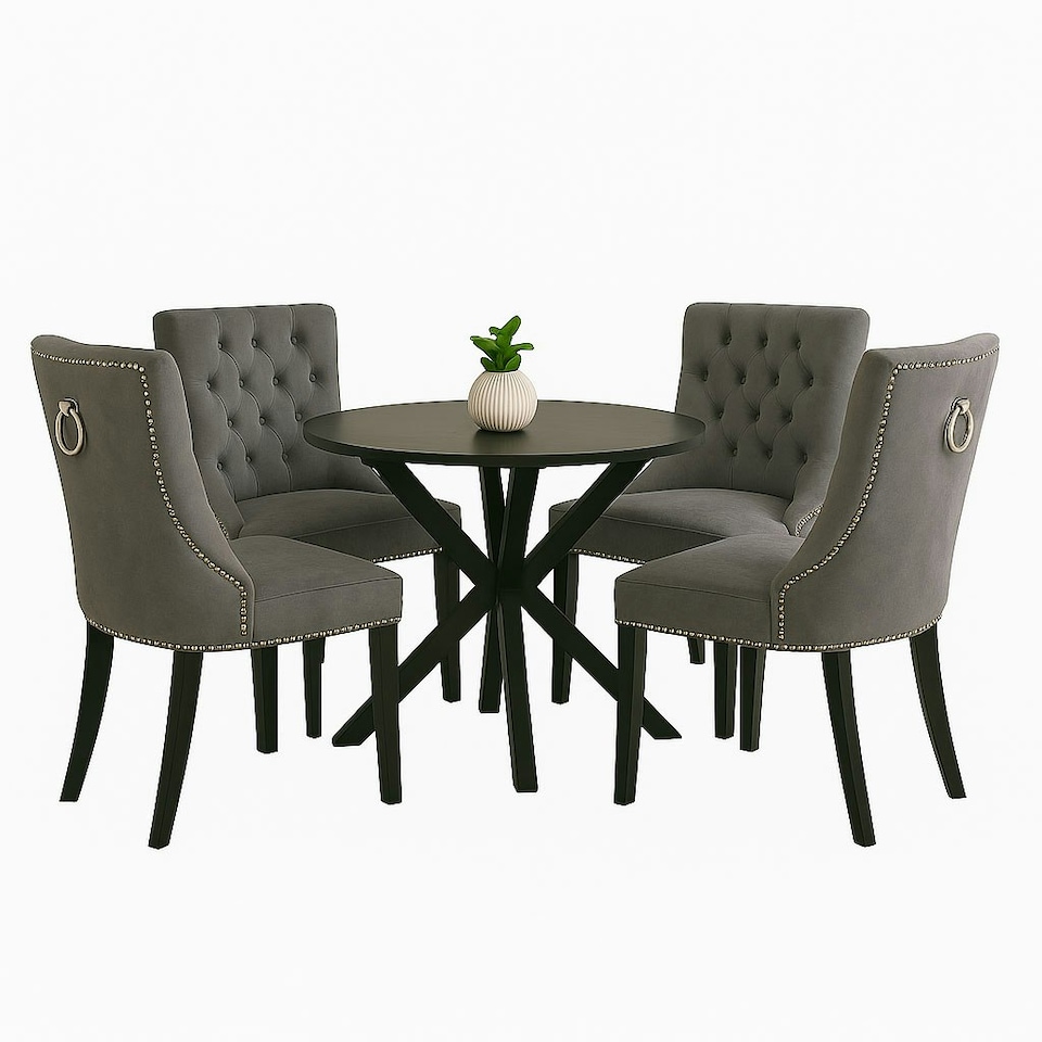 image 1 of Dark Grey Set of Four Studded Velvet Dining Chair with Ring Knocker Detail Grey | Dark Grey