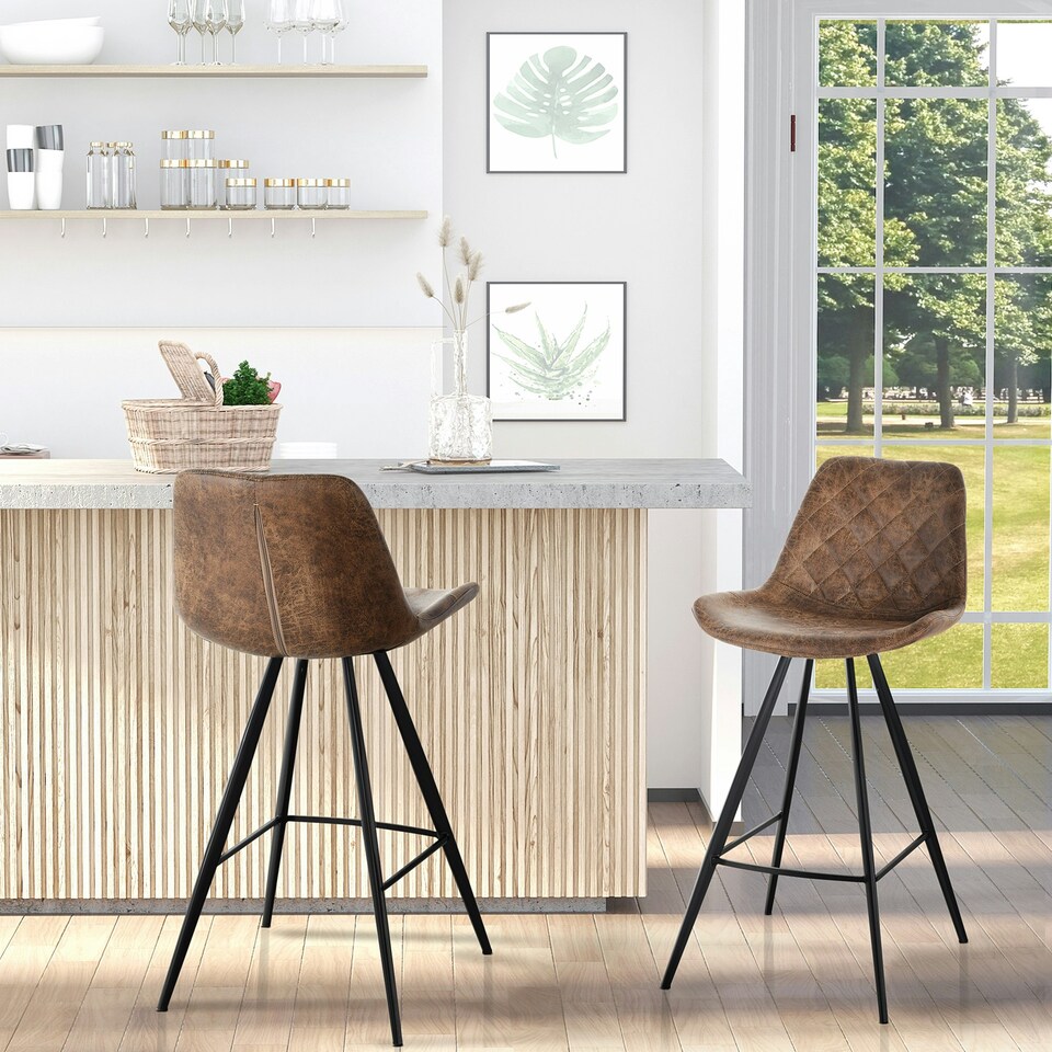 image 1 of HOMCOM Set Of 2 Bar Stools Vintage Microfiber Cloth Tub Seats Padded Steel Brown