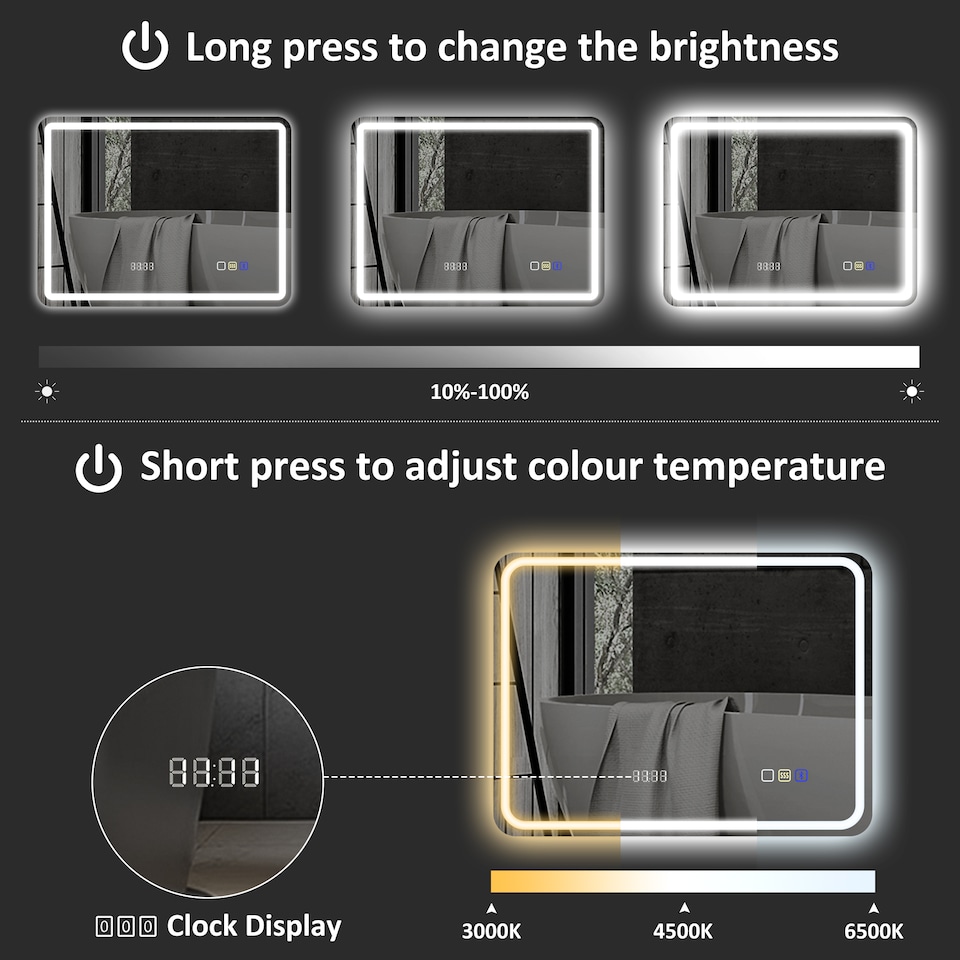 image 1 of HOMCOM 600  800 mm Bluetooth Bathroom Mirror with LED Lights, Illuminated Backlit Wall Mounted Vanity Mirror with 3 Colours Dimmable, Clock, Anti-Fog, Memory Touch Switch, IP44 | Silver | 1
