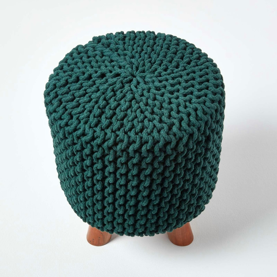 image 1 of Homescapes Forest Green Tall Cotton Knitted Footstool on Legs