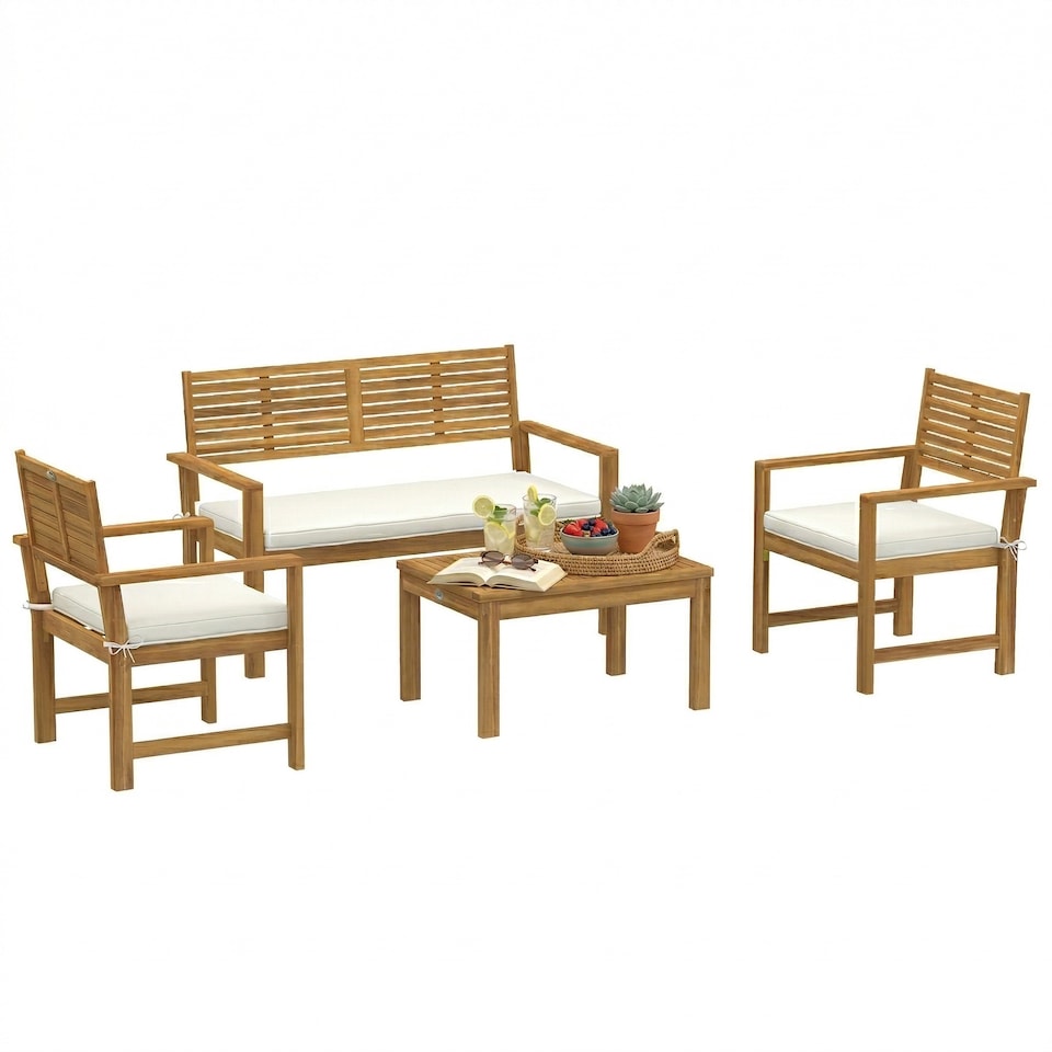 image 1 of Outsunny 4 Seater Wooden Garden Furniture Set with Loveseat, Chairs, Table | Cream | Cream White | Four Seater