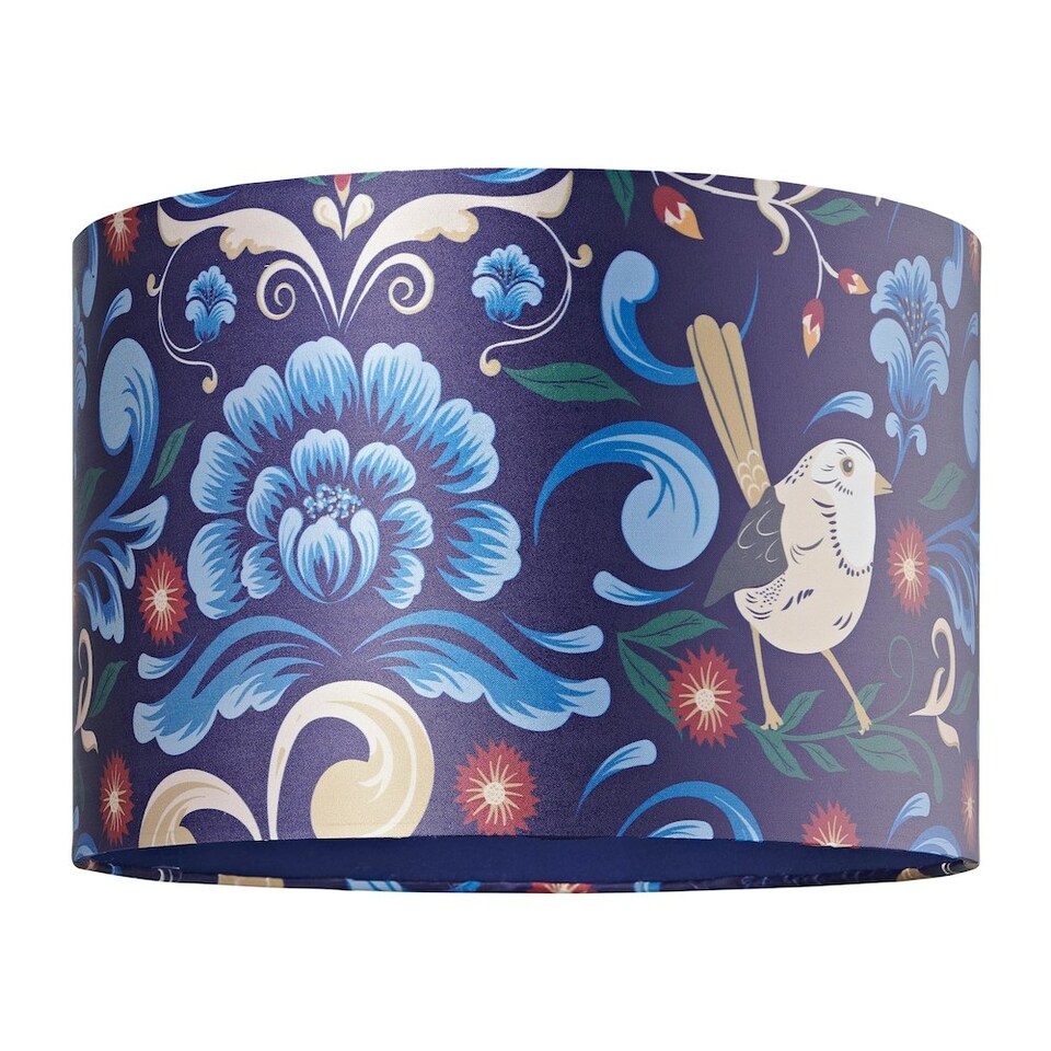 image 1 of Vivid Floral Midnight Blue Satin Fabric 12" Drum Lamp Shade with Bird Decoration
