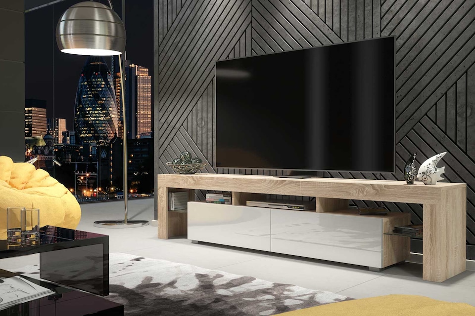 image 1 of TV Stand TV Unit Cabinet Sideboard Media Cabinet Storage Oak White High Gloss 200cm