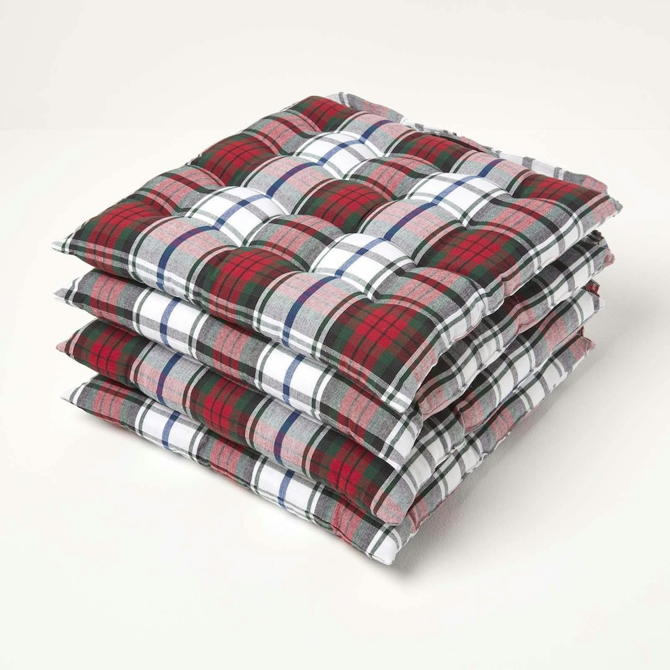 image 1 of Homescapes 4 x Seat Pads Luxury Cotton Tartan Indoor Outdoor Garden Dining Cushion | Red | 40 x 40 cm | 4