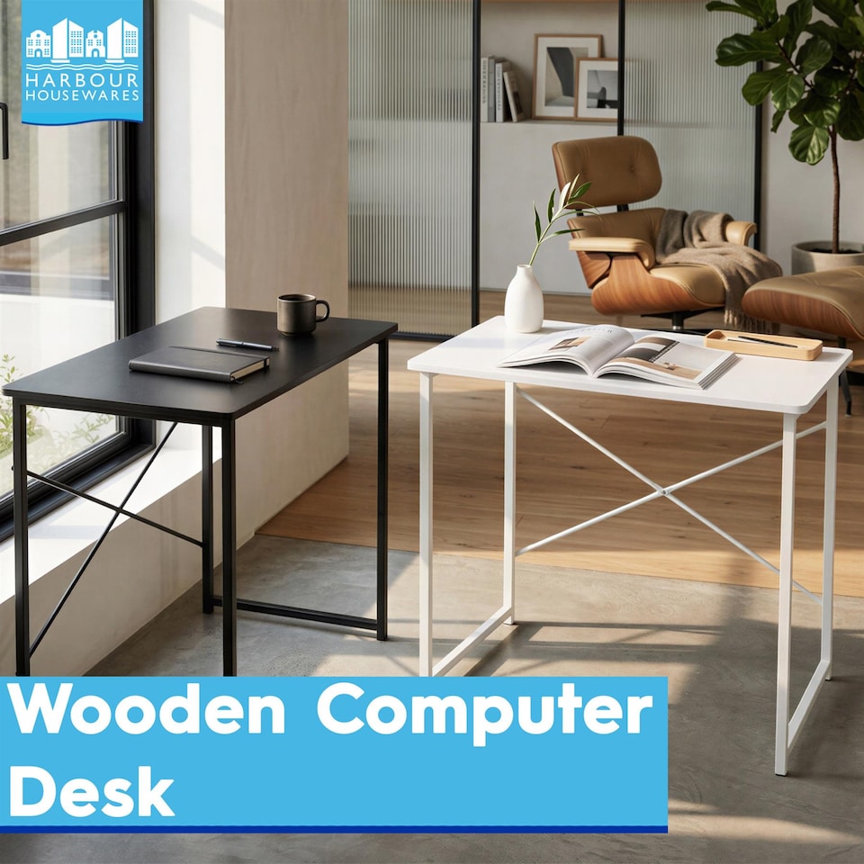 image 1 of Harbour Housewares Wooden Computer Desk - PC Computer Workstation Laptop Tubular Steel Compact Wooden Office Desk | Black | Black | One Size