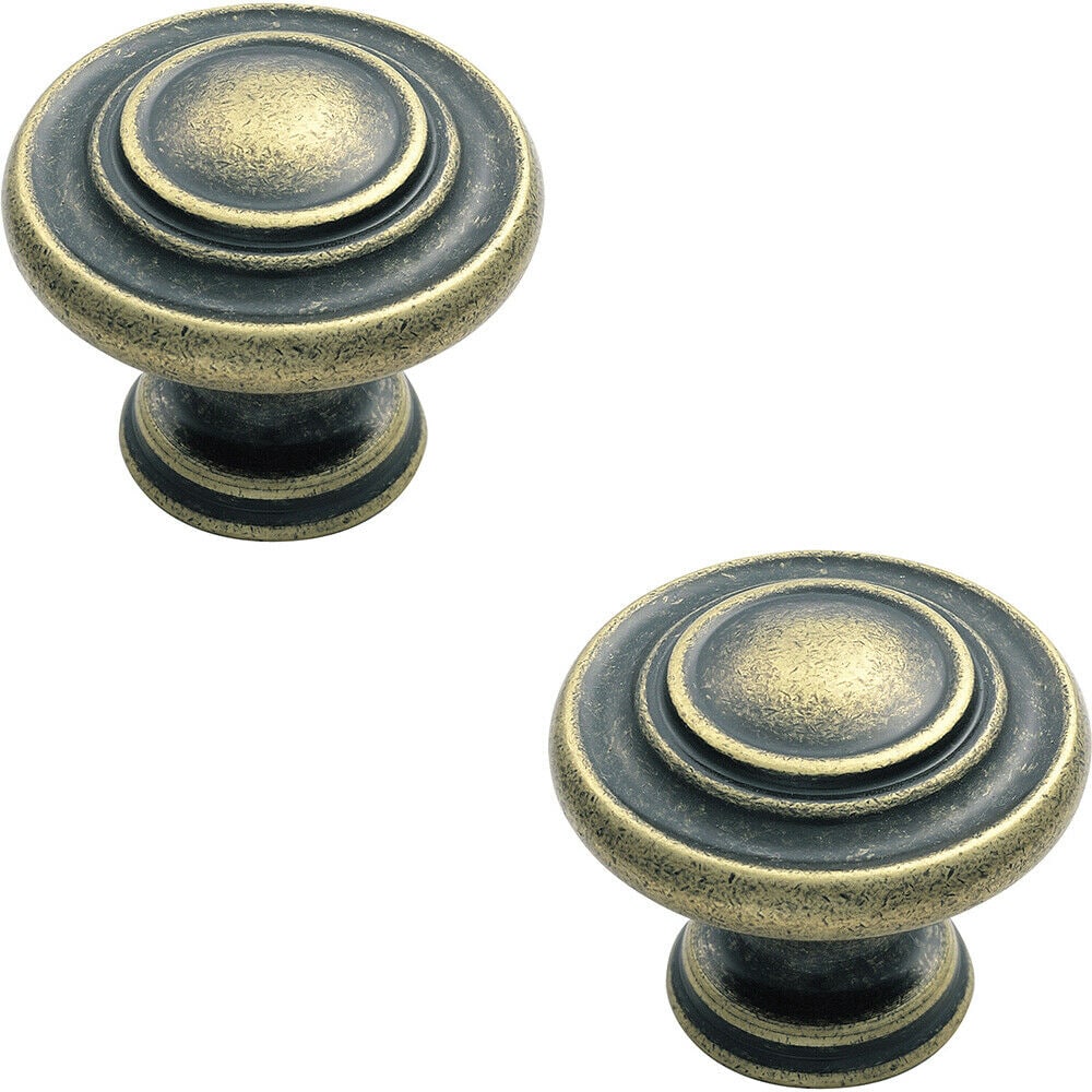 Loops 2x Round Ringed Pattern Door Knob 32mm Diameter Antique Brass Cabinet Handle in Metallics