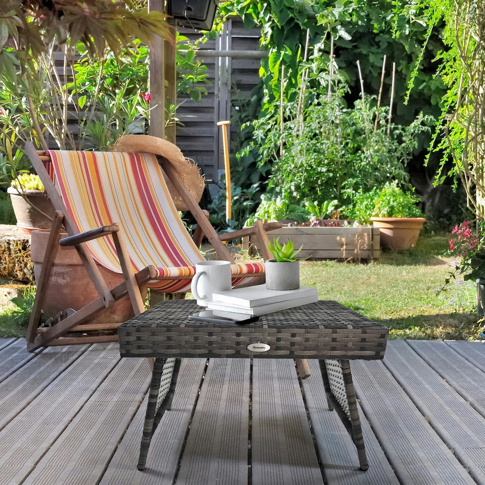 image 1 of Outsunny Foldable Outdoor Coffee Table, Steel Frame Rattan Side Table, Grey