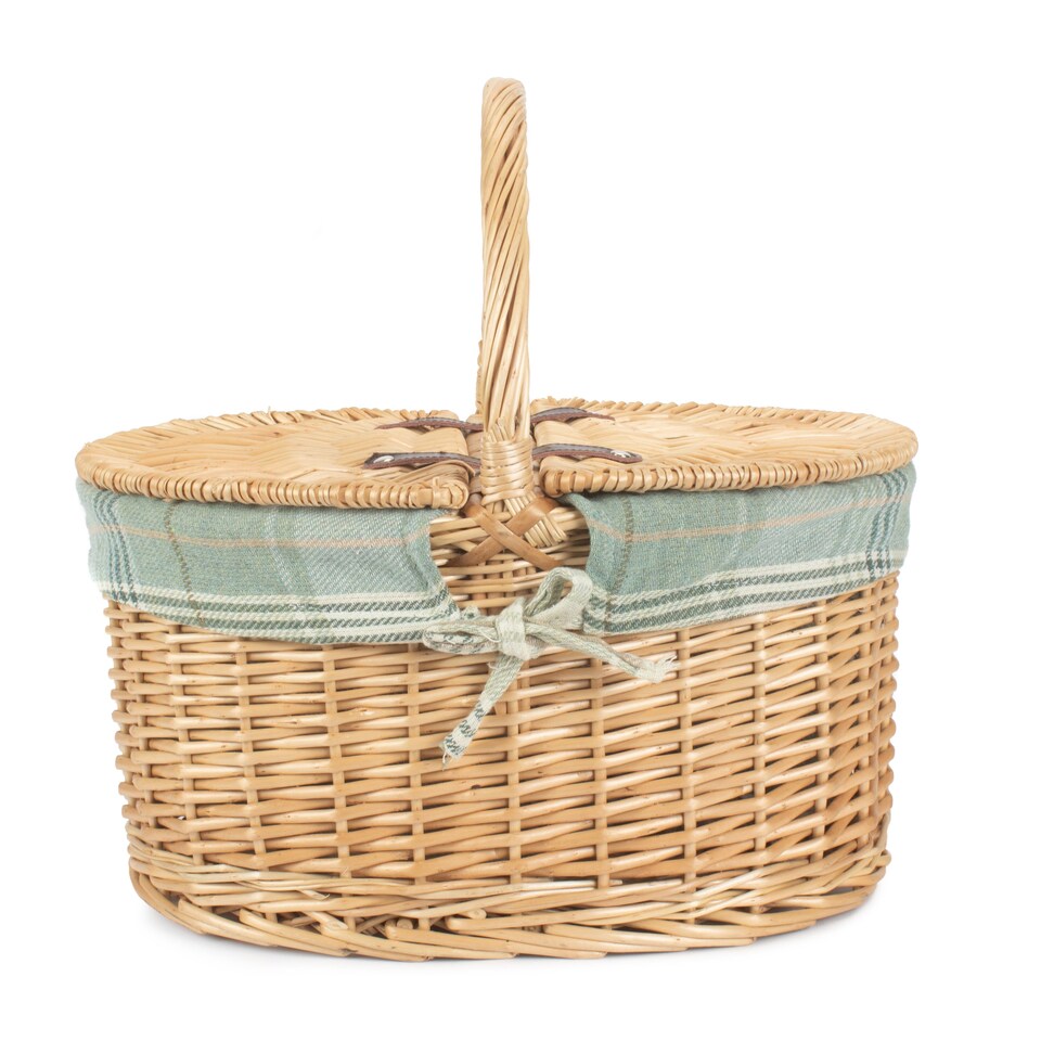 image 1 of Buff Oval Picnic Basket with Cream Tartan Lining | Green | Green