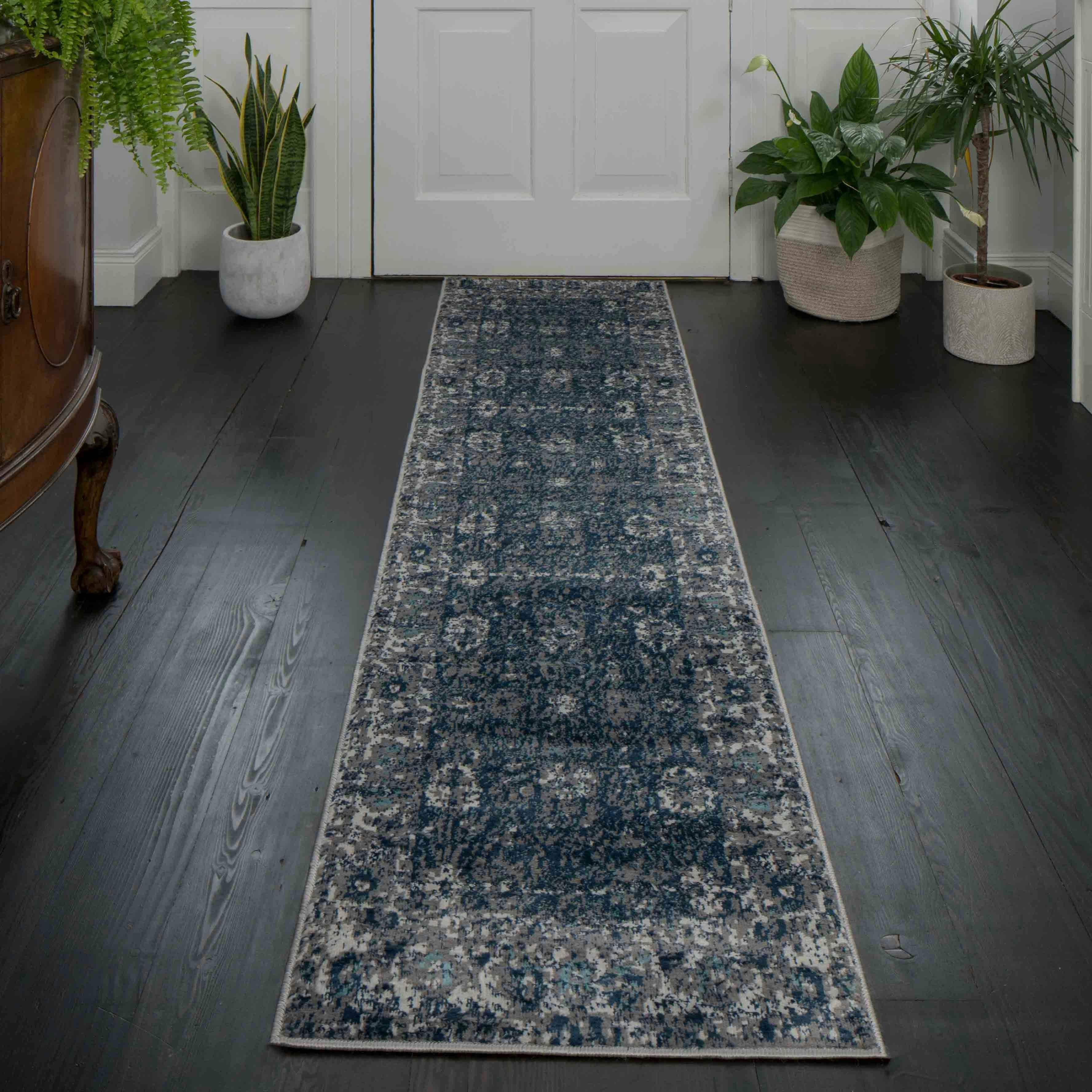 KUKOON Navy Blue Grey Floral Traditional Bordered Runner Rug 60cm x 240cm | Blue
