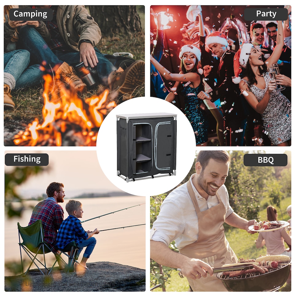 image 1 of Outsunny Outdoor Aluminum 3-shelf Camping Cupboard Kitchen Station Cook Table