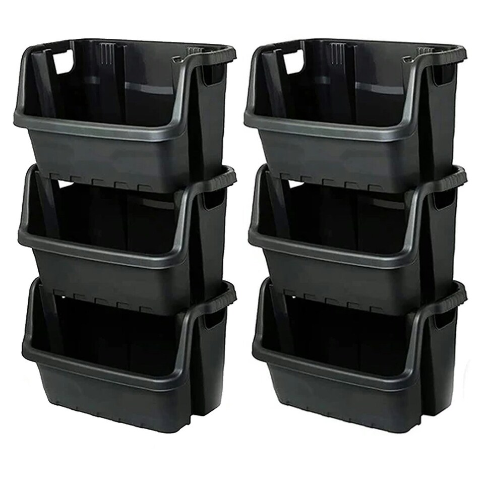 image 1 of Set of 2 Open Fronted Black Plastic Crates Heavy Duty Stackable Storage Boxes Black