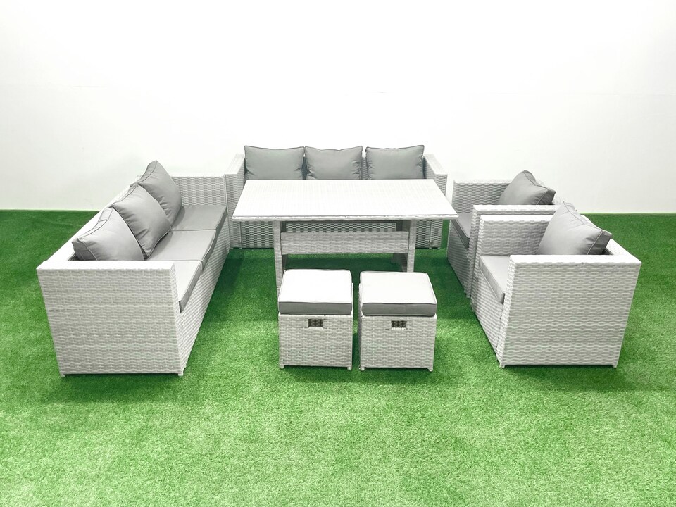 image 1 of Fimous Rattan Garden Furniture Set Outdoor 8 Seater Patio Dinin g Sofa Sets with Dining Table 2 Chairs 2 Small Footstools Light Grey Mixed