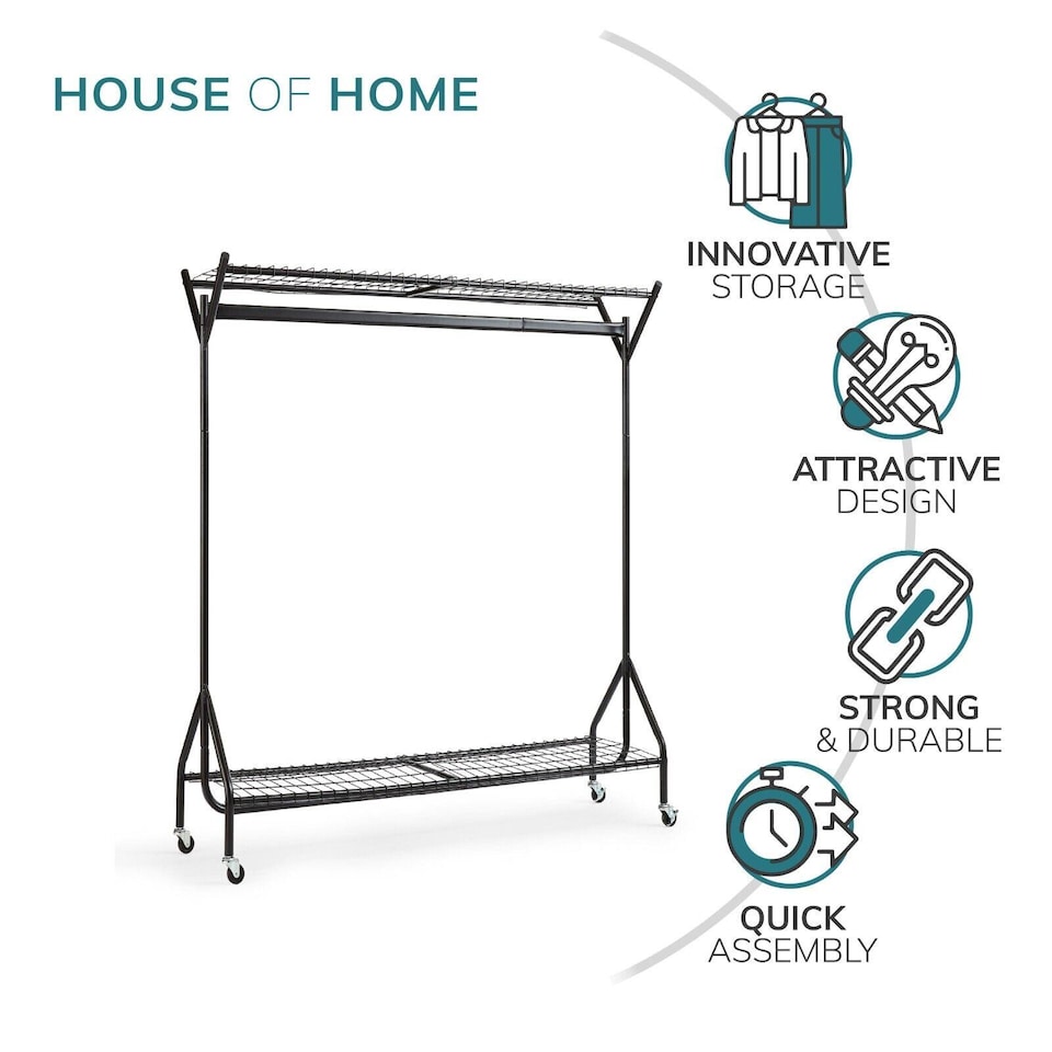 image 1 of House of Home Clothing Rail Heavy Duty Hanging Clothes Shoe Hat Rack Shelves With Wheels 4ft x 5ft | Black