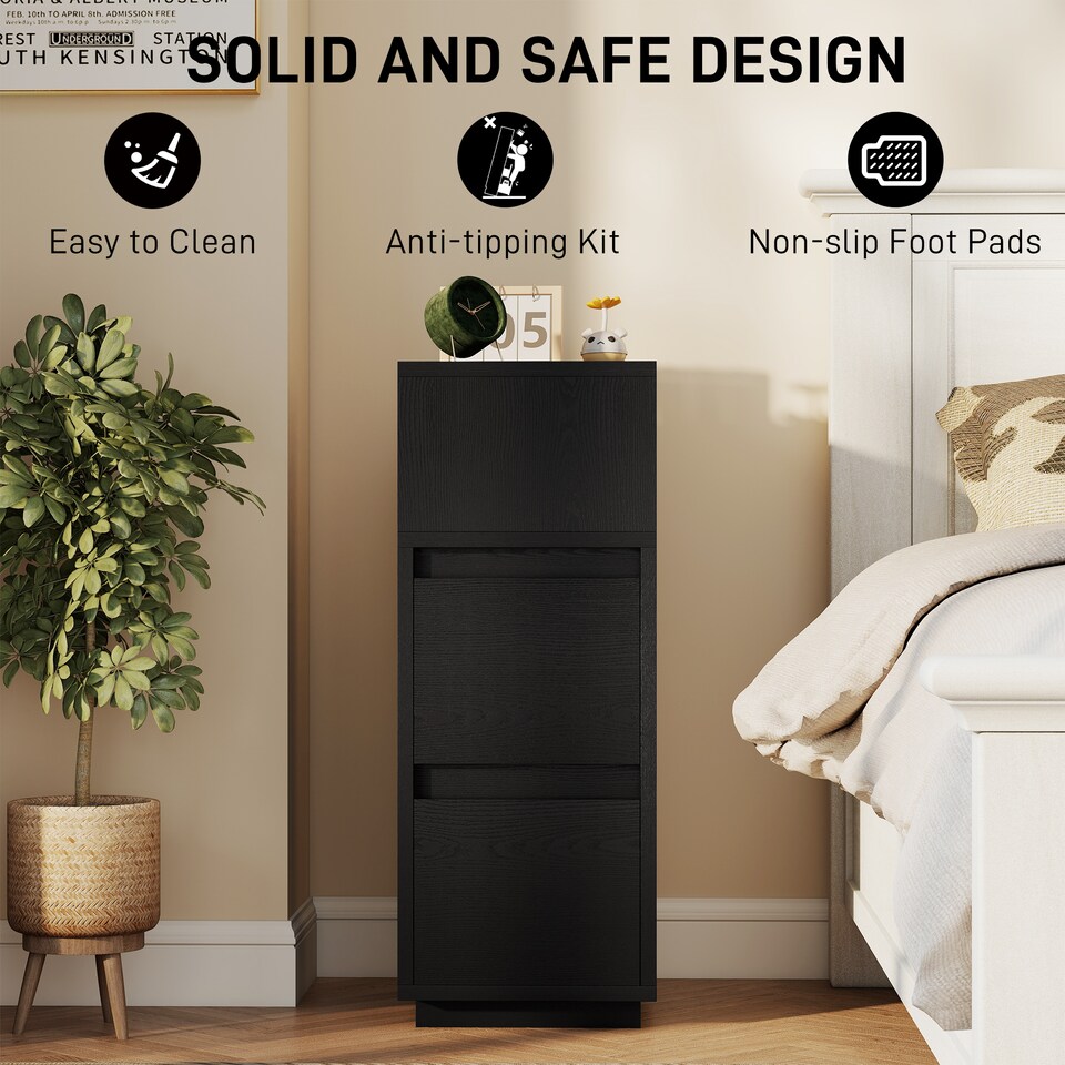 image 1 of HOMCOM Slim Bedside Table, Narrow Bedside Cabinet with Open Shelf and 2 Drawers, Modern Nightstand for Bedroom, Living Room, Black | Black | Black