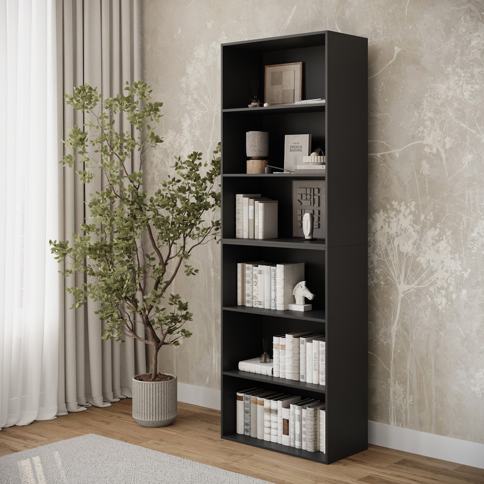 image 1 of Wide 6-Tier Bookcase | Black | 1