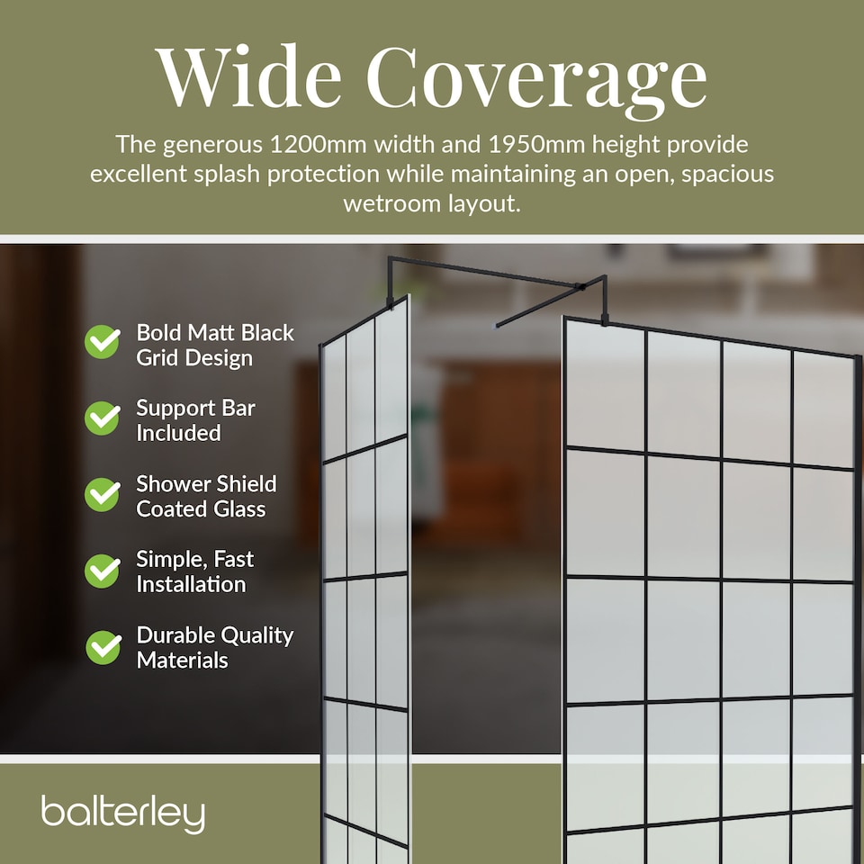image 1 of Balterley Glass Walk In Wetroom Screens with Framed Design and Shower Tray | Black | Matt Black