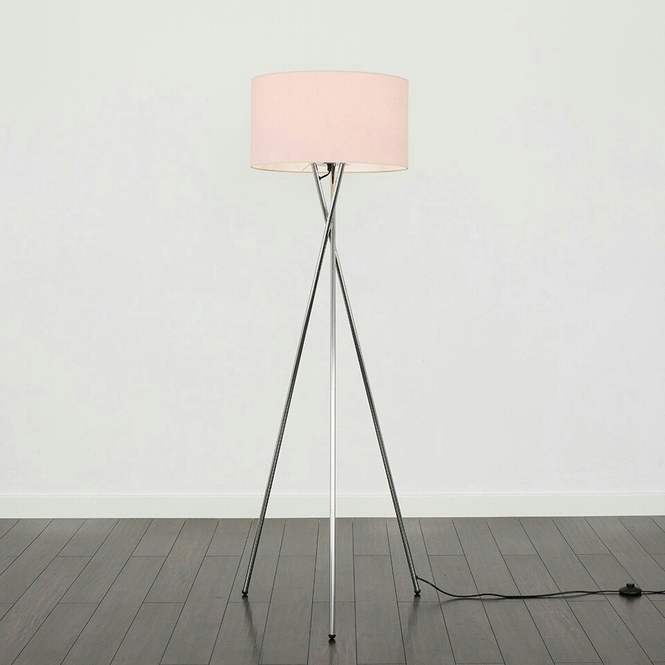 image 1 of ValueLights Camden Chrome Tripod Floor Lamp Pink Shade & Bulb Pink