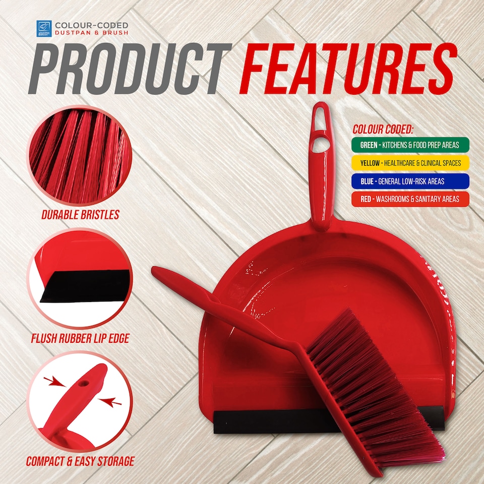 image 1 of Colour Coded Dustpan and Brush Sets Wide Plastic Dustpan with Rubber Lip and Soft Bristle Brush