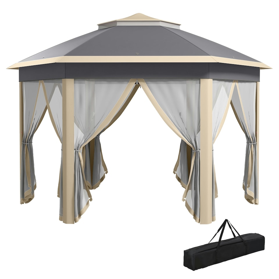 image 1 of Outsunny 3x4m Hexagon Gazebo w/ Mesh Curtains Outdoor Garden, Khaki