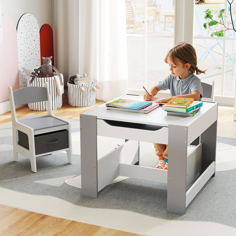 image 1 of COSTWAY 4-in-1 Kids Table and Chair Set Grey