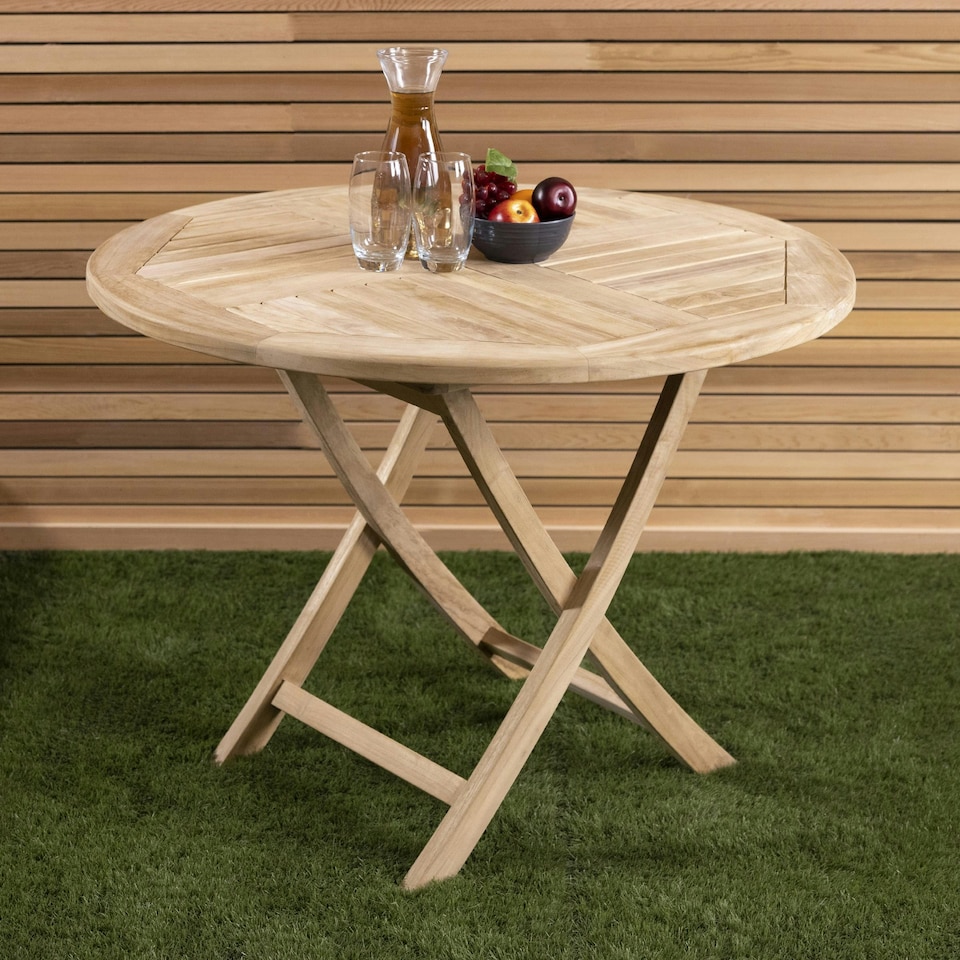 image 1 of Charles Bentley Solid Wooden Teak Round 2-4 Seater Table Garden Foldable Patio