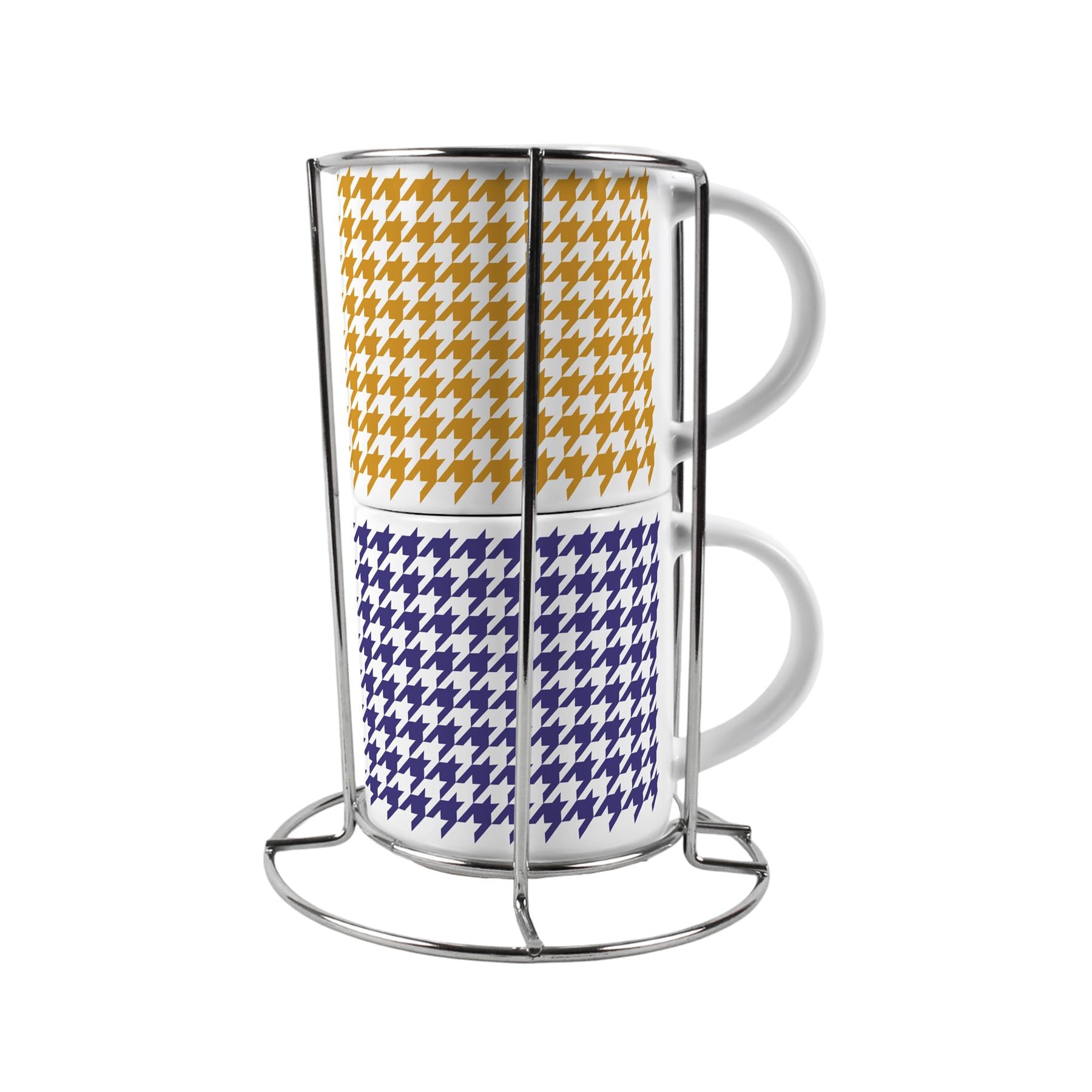 Blue & Yellow Houndstooth Small Stacking Mugs Gift - Set of 2 with Metal Stand White